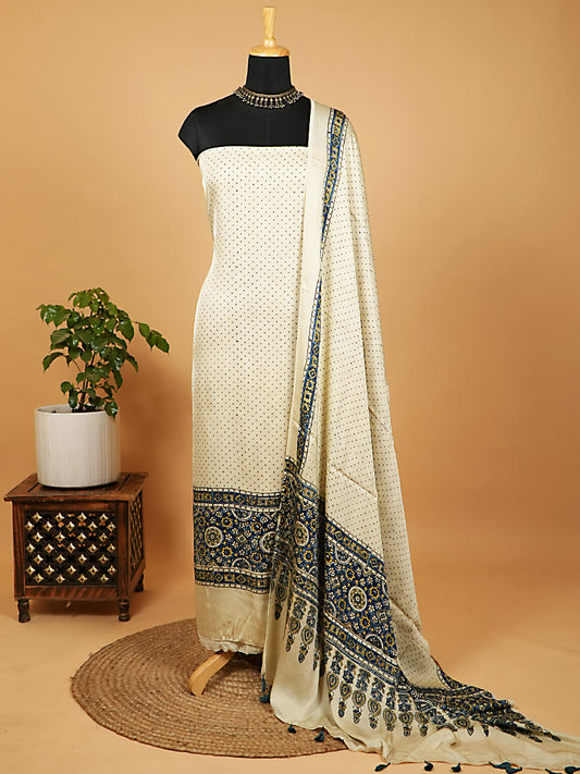 Off-White Organic Ajrakh Modal Satin 2 Piece Suit Set