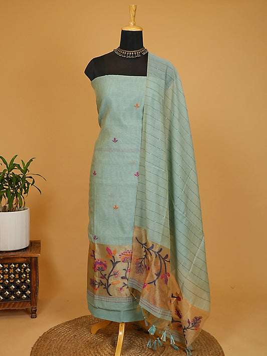 Sage Green Chanderi Silk Jamdani Suit Set with Sequin-Woven Dupatta