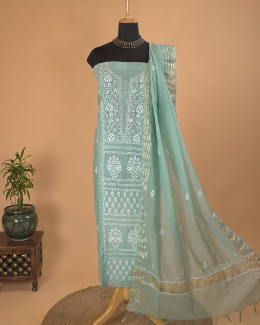 Light Blue Mul Chanderi Lucknowi Handwork Suit Set