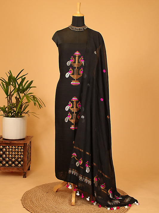 Black Handloom Cotton Needle Jamdani Weaving 2Pc Suit Set