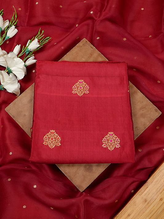 Deep Maroon Pure Katan Silk Kadwa & Meenakari Banarasi Suit Set