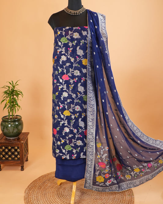 Dark Blue Multicolour Georgette Khaddi Silk Suit Set