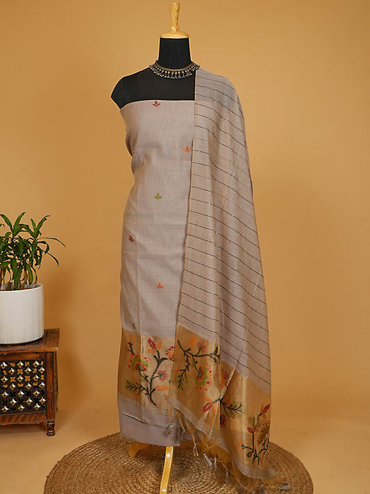 Taupe Grey Chanderi Silk Jamdani Suit Set with Sequin-Woven