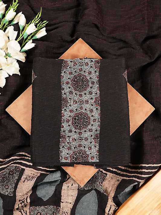 Deep Black Abstract Geometric Organic Ajrakh Crushed Linen Silk 2-Pc Suit Set