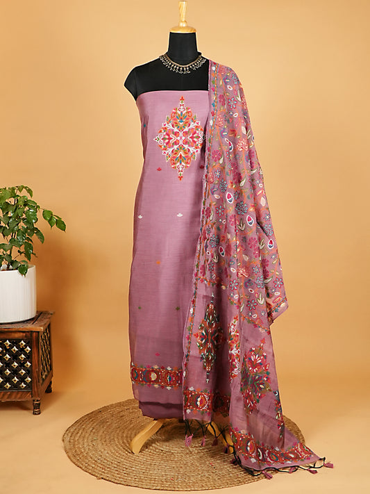 Onion Pink Chanderi Silk Suit Set with Multicolour Jamdani Weaving