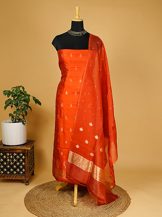 Burnt Orange Handcrafted Raw Silk Banarasi Suit Set