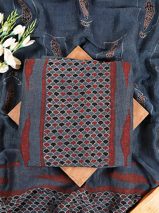Indigo Scallop Organic Ajrakh Crushed Linen Silk 2-Pc Suit Set