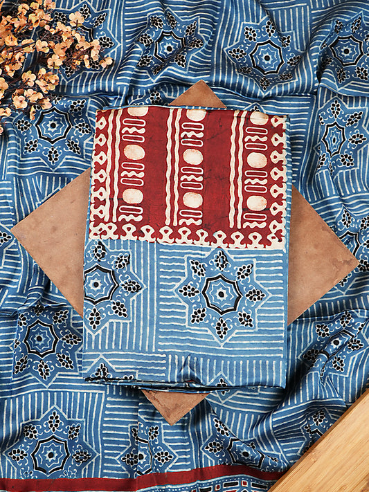 Indigo Blue and Maroon Organic Ajrakh Modal Satin 2 Piece Suit Set