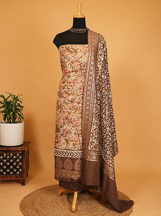 Chocolate Brown & Rust Batik Print Pure Linen Silk Suit Set with Silver Zari