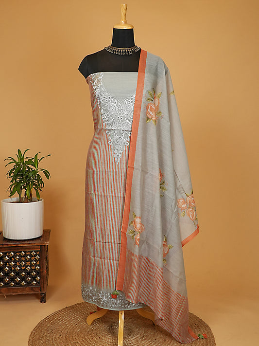 Grey & Rust Striped Chanderi Silk Embroidered Suit Set
