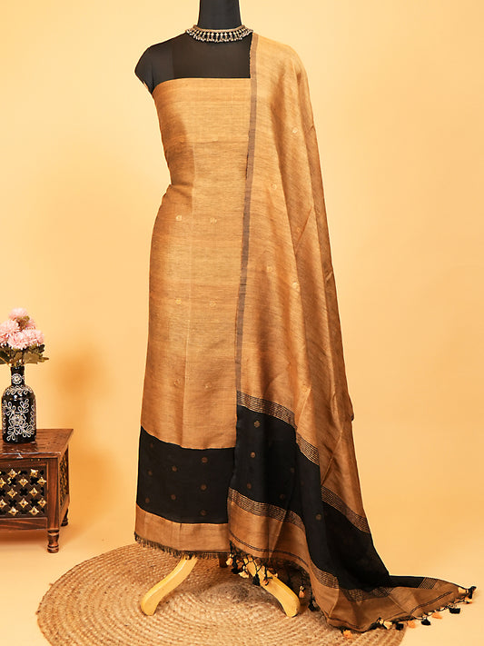 Mustard Gold Jayshree Linen Jamdani Suit with Black Hem and Bootis