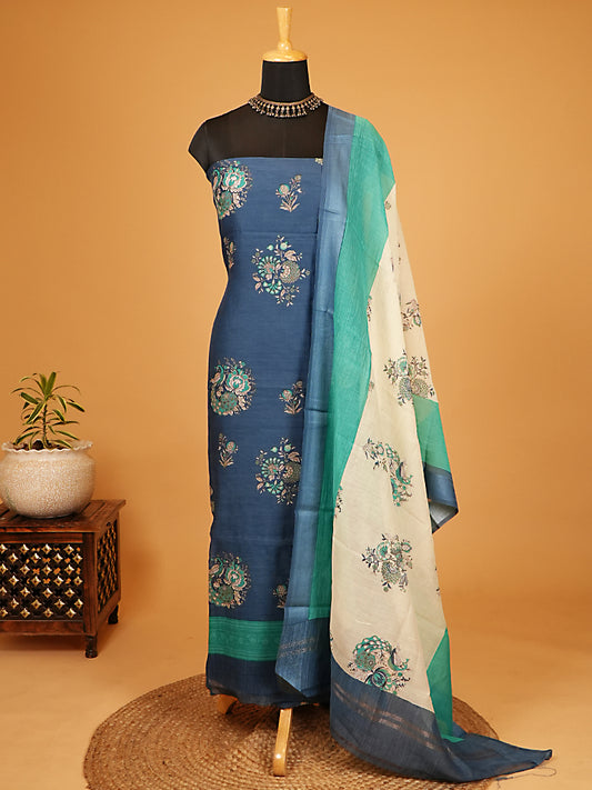 Blue & Teal Printed Mul Chanderi Suit Set