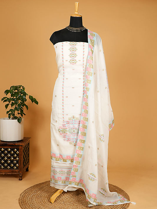 White Chanderi Silk Jamdani Suit Set with Beadwork
