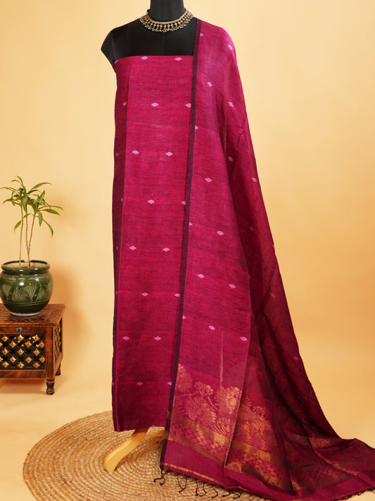 Jamdani Dark Magenta Khadi Linen Banarasi Handwoven Suit Set