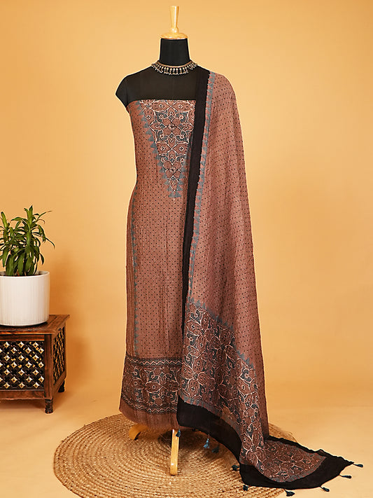 Earthy Cocoa Dotted Organic Ajrakh Crushed Linen Silk 2-Pc Suit Set