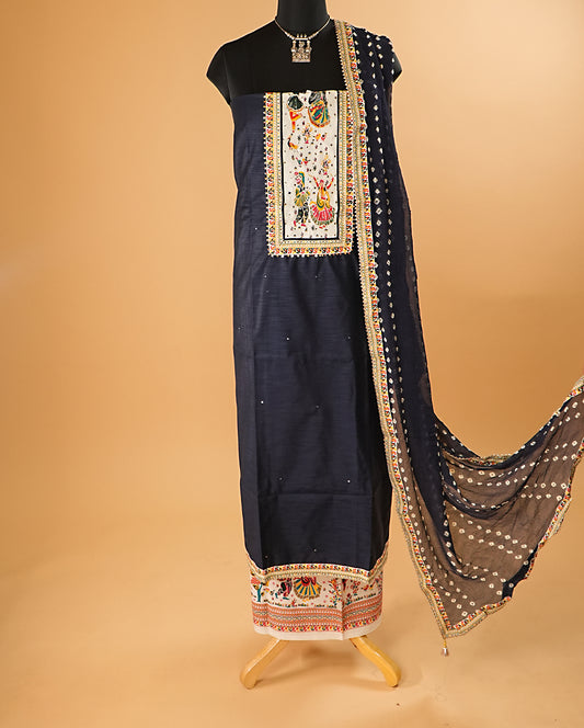Artistic Print Navy Blue Chanderi Silk Suit Set