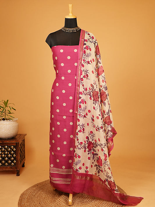 Magenta Polka Dots Mul Chanderi Suit Set