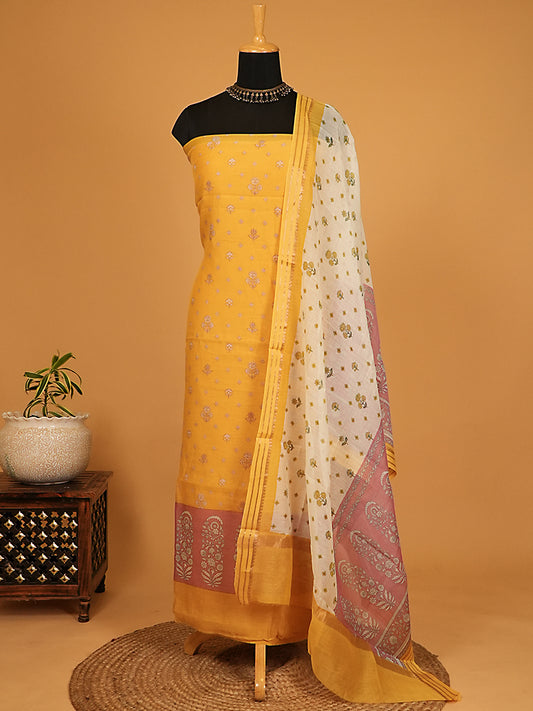 Warm Mustard & Purple Printed Mul Chanderi Suit Set