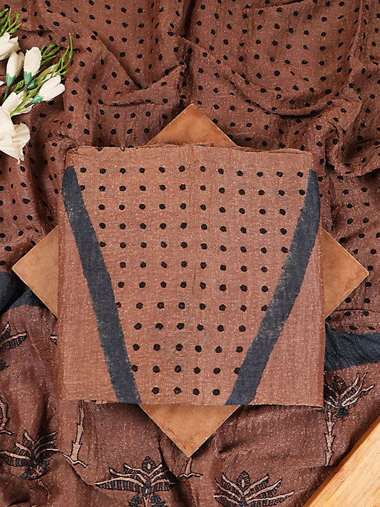 Warm Brown & Charcoal Polka Motif Crushed Linen Silk 2Pc Suit Set