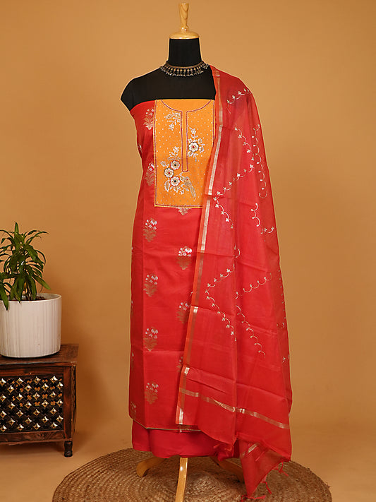 Vibrant Red & Mustard Chanderi Silk Hand Embroidered Suit Set