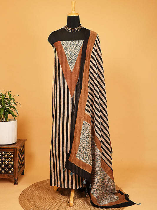 Black & Rust Striped Crushed Linen Silk Organic Ajrakh 2pc Suit Set