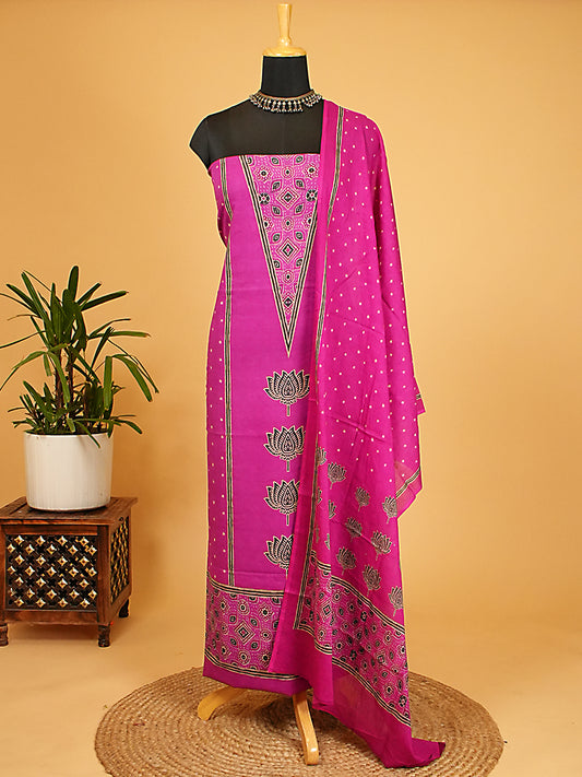 Magenta Pink Soft Cotton Silk Lotus Print Suit Set