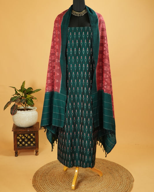 Bottle Green & Maroon Double Ikat Cotton Woven Suit Set