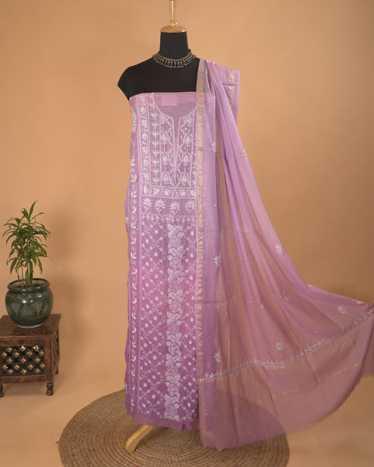 Ombre Purple Mul Chanderi Lucknowi Handwork Suit Set