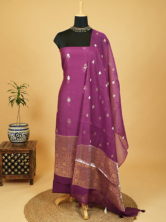 Purple Pure Mul Chanderi Banarasi Suit