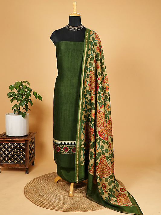 Dark Green Maheshwari Silk Suit with Artistic Dupatta