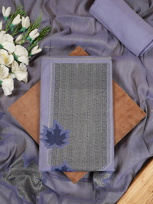 Lavender Lilac Chanderi Silk Jamdani Suit Set with Silver Zari