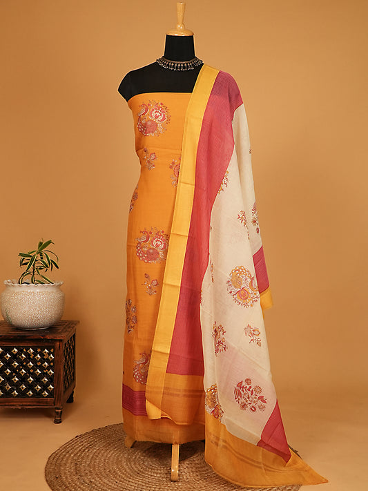 Mustard & Pink Printed Mul Chanderi Suit Set