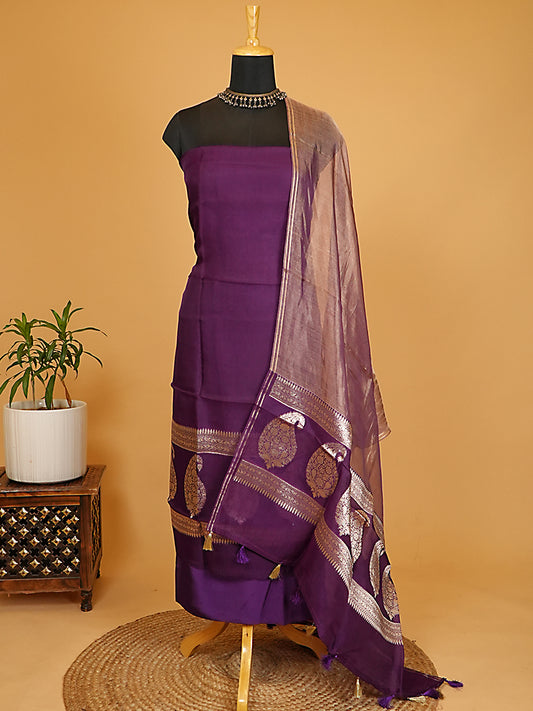 Deep Royal Purple Pure Kora Silk Banarasi Suit Set