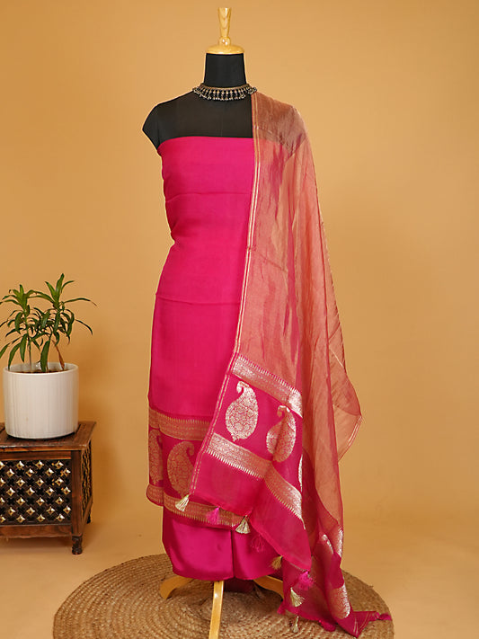 Rani Pink Pure Kora Silk Banarasi Suit Set