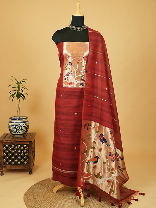 Maroon Chanderi Silk Suit Set with Paithani Weaving