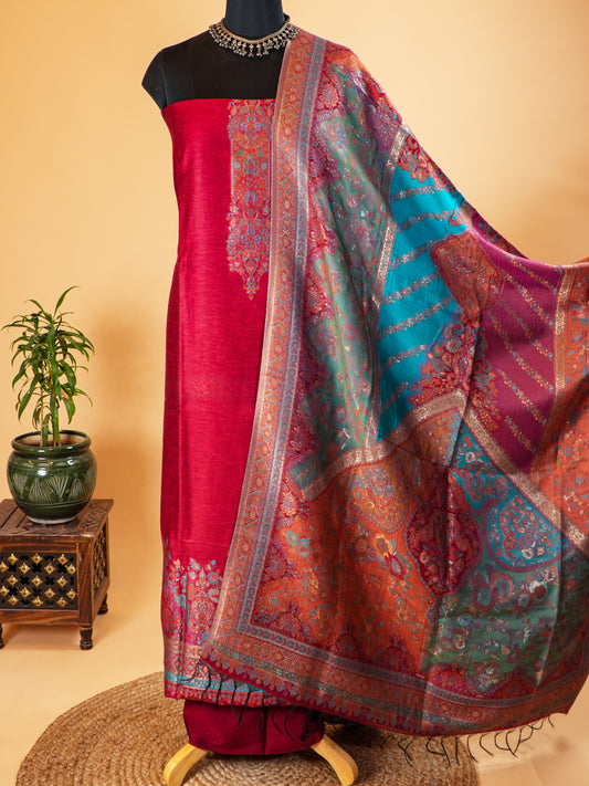 Red Mulberry Silk Suit Set With Jamawar Handweaving