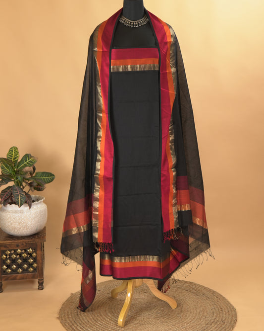 Black Maheshwari Silk Multi-Coloured Border Suit Set