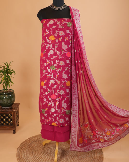 Dark Magenta Multicolour Georgette Khaddi Silk Suit Set