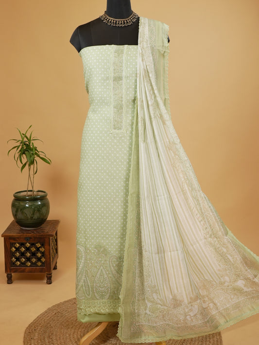 Light Green Polka Linen Suit Set with Lace Detailing