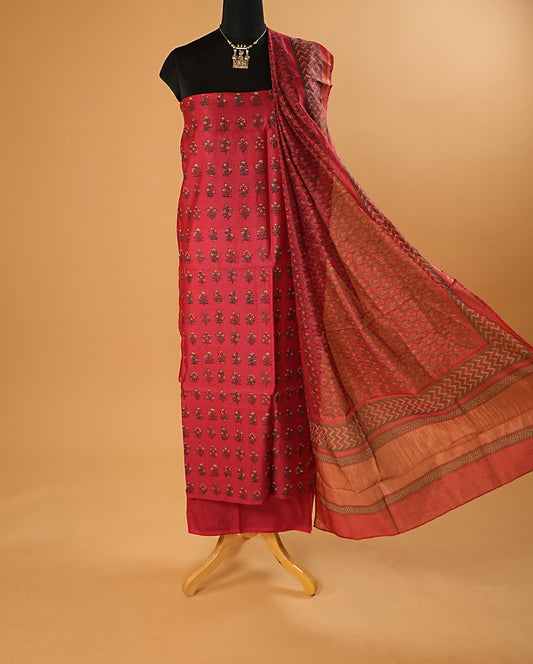 Red Chanderi Silk Handblock Print Suit Set