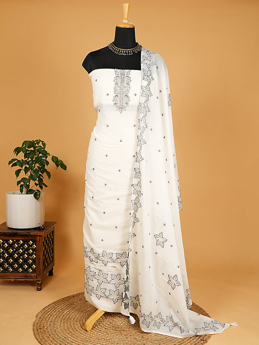 White Mul Cotton Floral Jamdani Suit Set