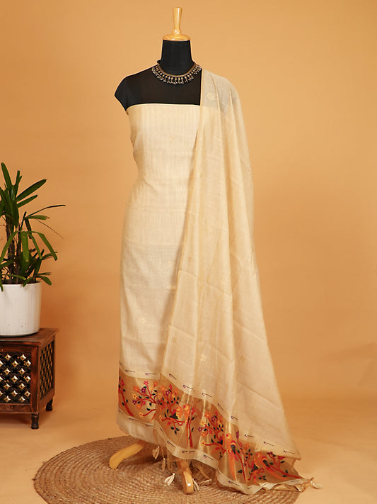 Beige Chanderi Silk Jamdani Weaving Suit Set