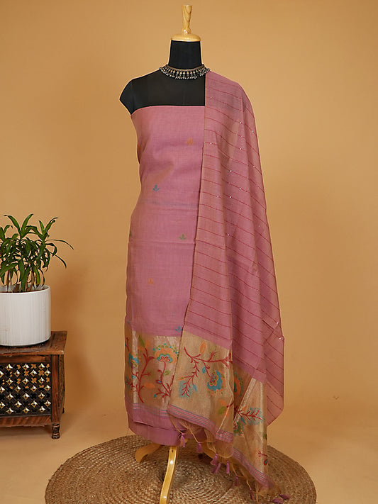 Mauve Pink Chanderi Silk Jamdani Suit Set with Sequin-Woven Dupatta