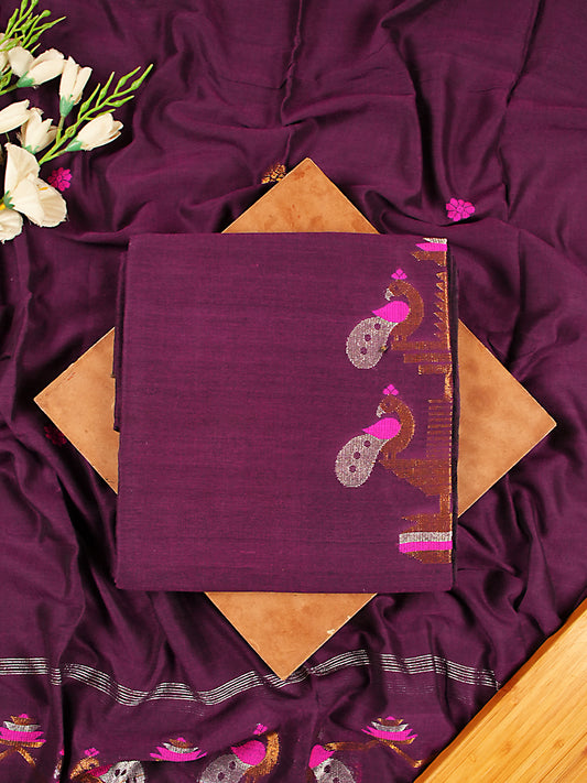 Wine Handloom Cotton Needle Jamdani Weaving 2-Piece Suit Set