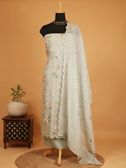 Mint Green Pure Mul Chanderi Floral Suit Set