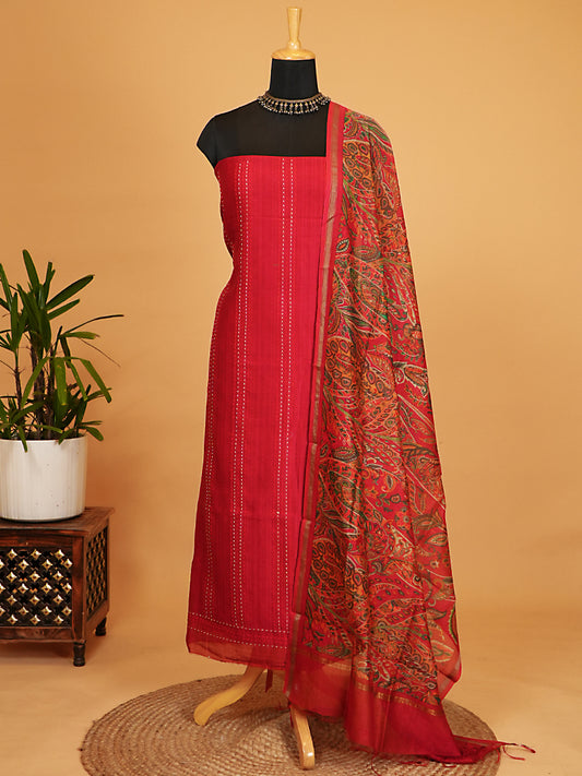 Red Maheshwari Silk Kantha Stitch Suit Set