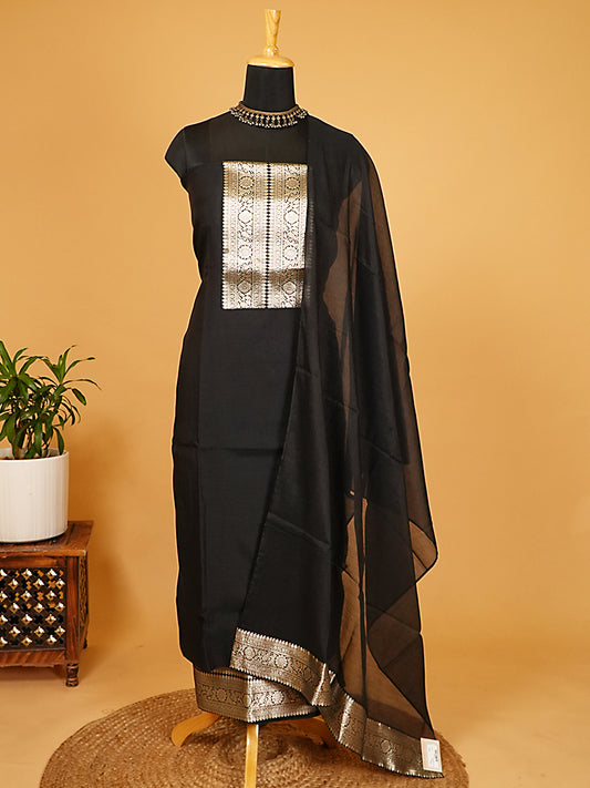 Classic Black Pure Mul Chanderi Banarasi Suit Set with Silver Zari