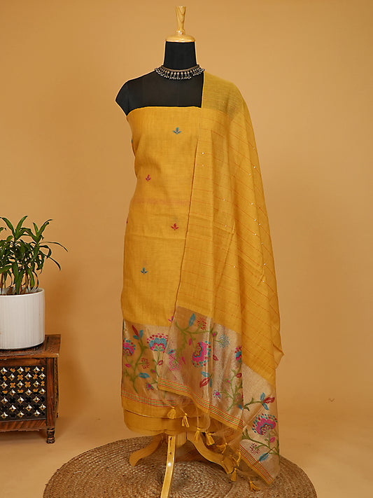 Mustard Yellow Chanderi Silk Jamdani Suit Set with Sequin-Woven Dupatta