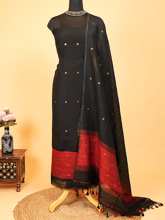 Black Jayshree Linen Jamdani Suit with Red Hem and Bootis