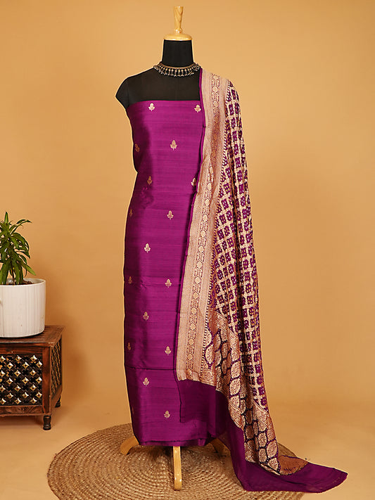 Deep Purple Pure Raw Silk Banarasi Booti Suit Set with Khaddi Georgette Dupatta